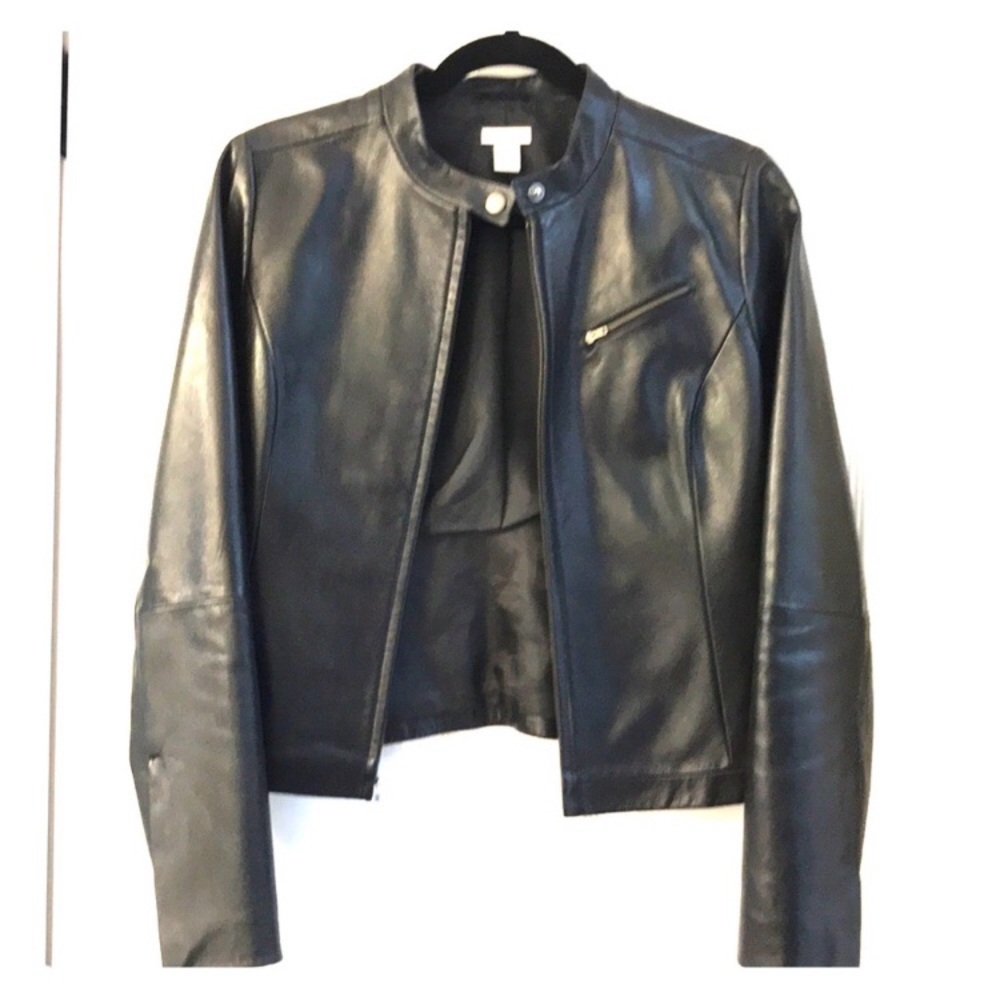 MAKE OFFER Halogen real black leather moto jacket